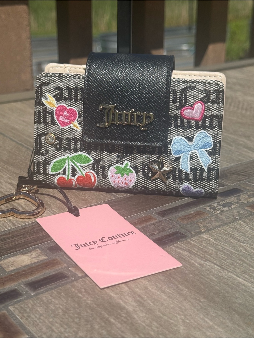 Juicy Couture Black Logo Wallet with Colorful Patch Accents
